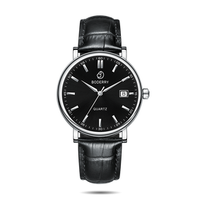 Mens Quartz(Swiss Movement) Watch | 40mm Silver Case with Black Leather Straps-Boderry Classic Boderry Watches