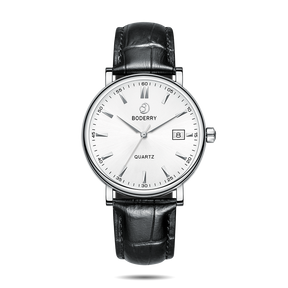 Mens Quartz(Swiss Movement) Watch | 40mm Silver Case with Black Leather Straps-Boderry Classic Boderry Watches