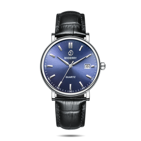 Mens Quartz(Swiss Movement) Watch | 40mm Silver Case with Black Leather Straps-Boderry Classic Boderry Watches