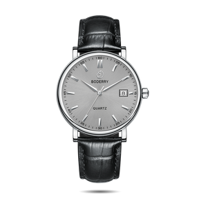 Mens Quartz(Swiss Movement) Watch | 40mm Silver Case with Black Leather Straps-Boderry Classic Boderry Watches