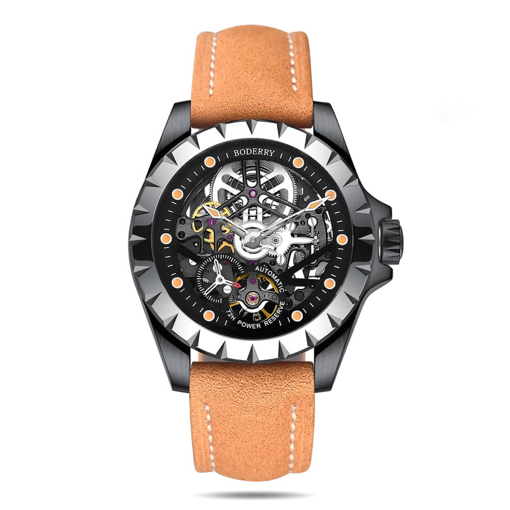 WINDMILL - Original Skeleton Hi-beat(28,800 bph) with 72 hrs Power-reserve Automatic Watch | Black Dial & Orange Leather Strap