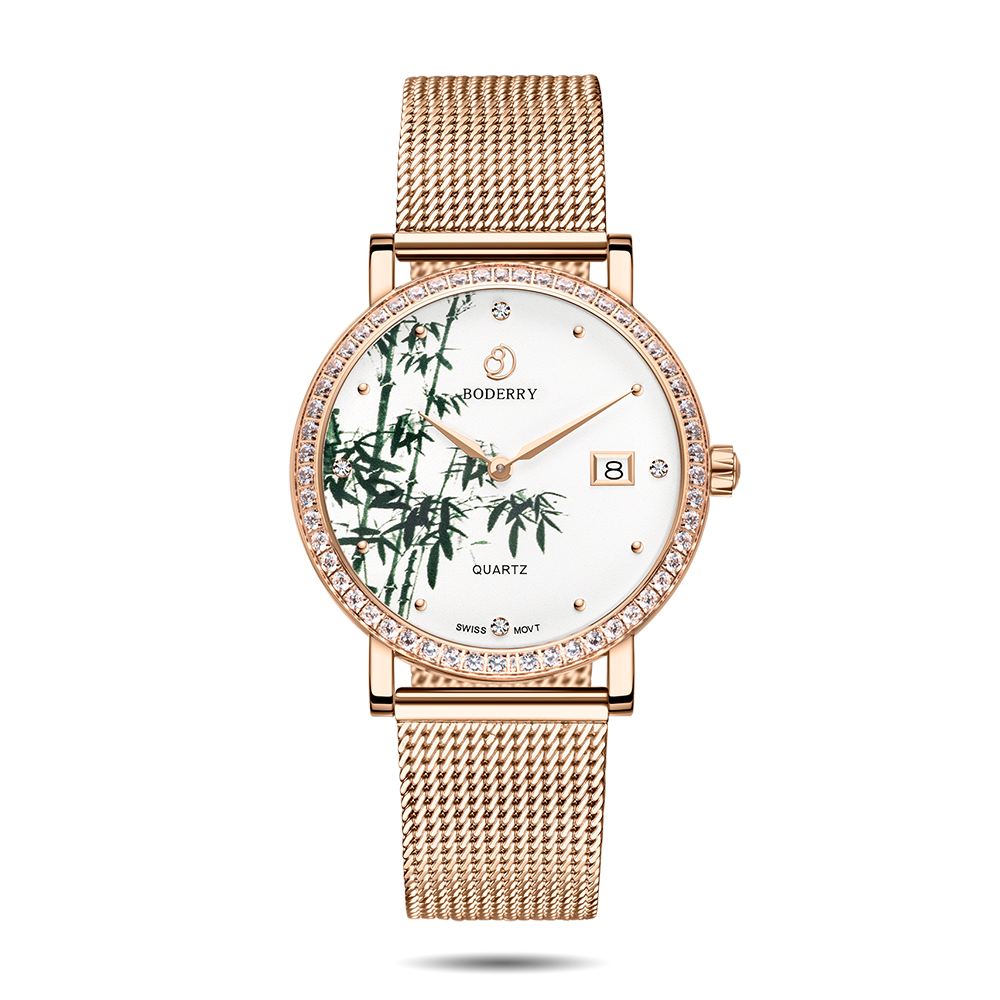 Women Watch | Bamboo Gold Mesh Watch-Boderry Flower Boderry Watches