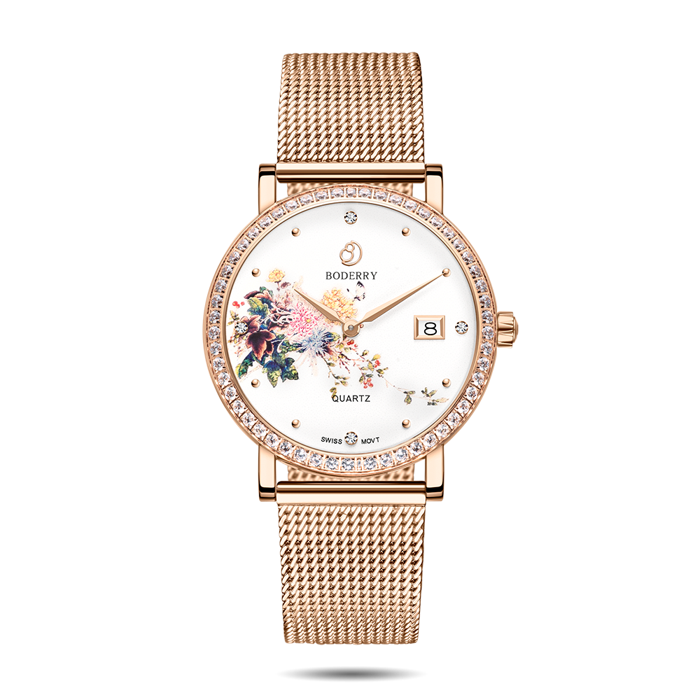 Women Watch | Chrysanth Gold Mesh Watch-Boderry Flower Boderry Watches