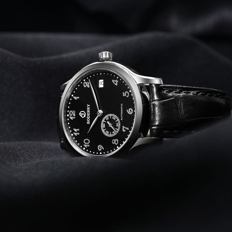 Mens Micro-rotor Automatic Watch | Black & Silver Leather Straps-Boderry Elite Boderry Watches