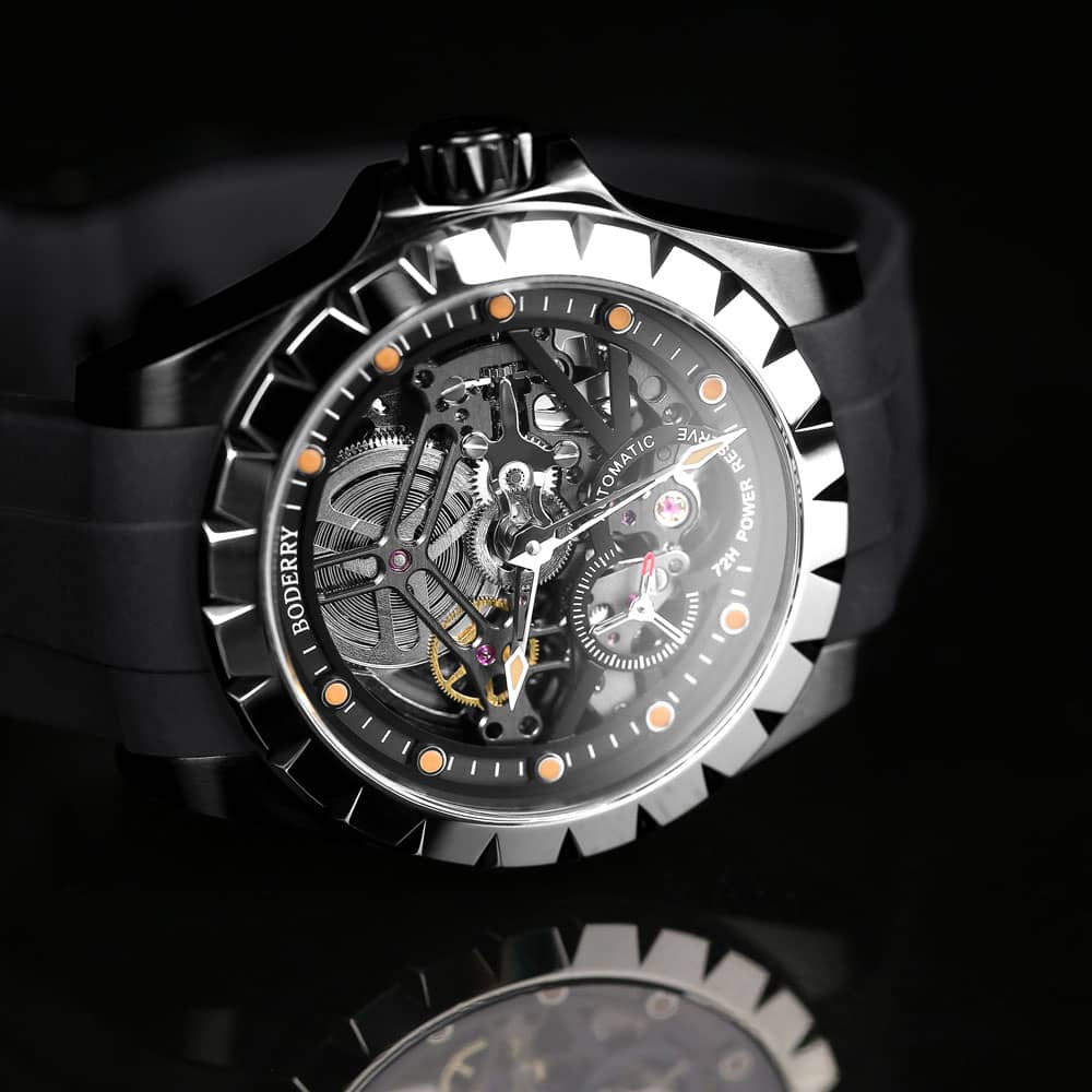 WINDMILL - Original Skeleton Hi-beat(28,800 bph) with 72 hrs Power-reserve Automatic Watch | Black Dial & Orange Leather Strap