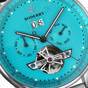 THE CHECKMATE - Complication Automatic Watch with Date,Day,Month Display -Turquoise & Leather Strap