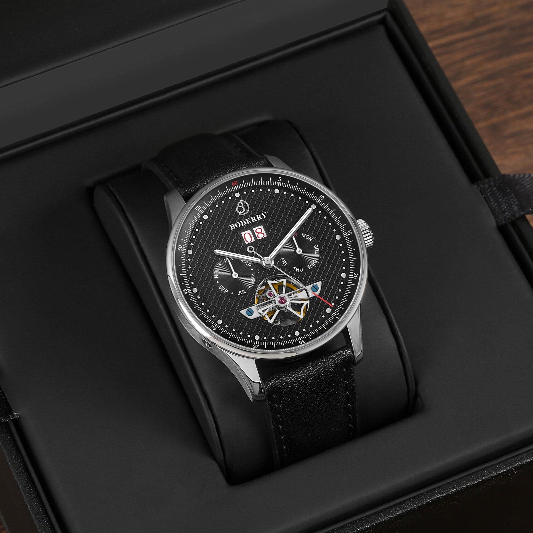 THE CHECKMATE - Complication Automatic Watch with Date,Day,Month Display -Obsidian & Leather Strap