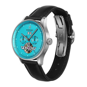 THE CHECKMATE - Complication Automatic Watch with Date,Day,Month Display -Turquoise & Leather Strap