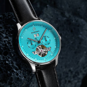 THE CHECKMATE - Complication Automatic Watch with Date,Day,Month Display -Turquoise & Leather Strap