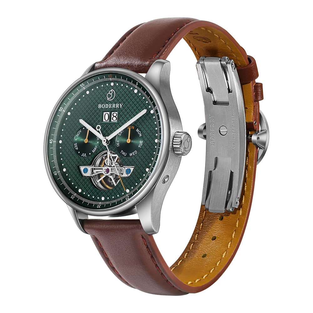 THE CHECKMATE - Complication Automatic Watch with Date,Day,Month Display -Emerald & Leather Strap
