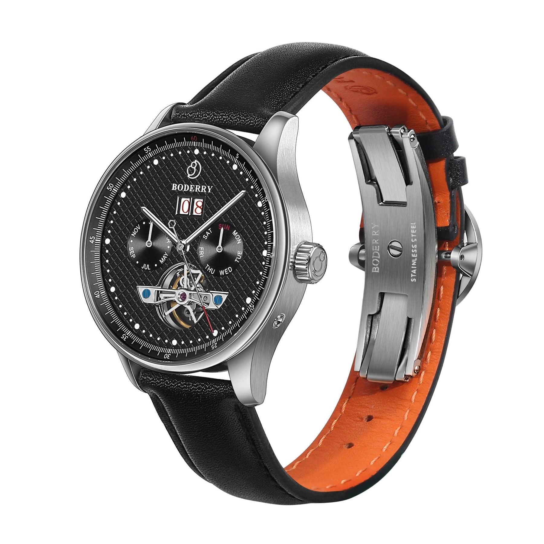 THE CHECKMATE - Complication Automatic Watch with Date,Day,Month Display -Obsidian & Leather Strap