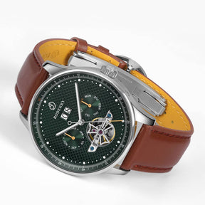 THE CHECKMATE - Complication Automatic Watch with Date,Day,Month Display -Emerald & Leather Strap