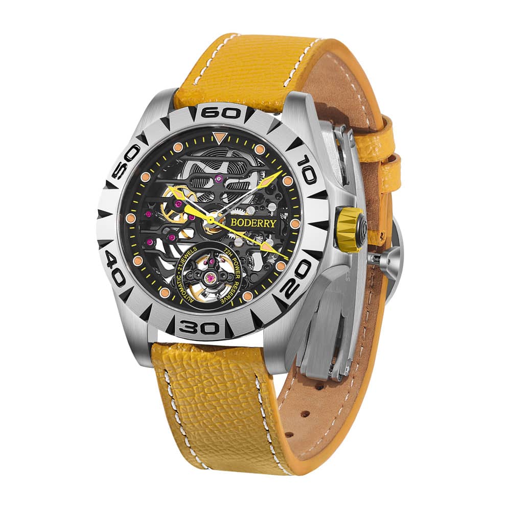URBAN SKELETON(TITANIUM) Ver 2.0-Silver Hands - 3-Hand Hi-beat(28,800 bph) with 72 hrs Power-reserve Automatic Watch | Yellow Dial