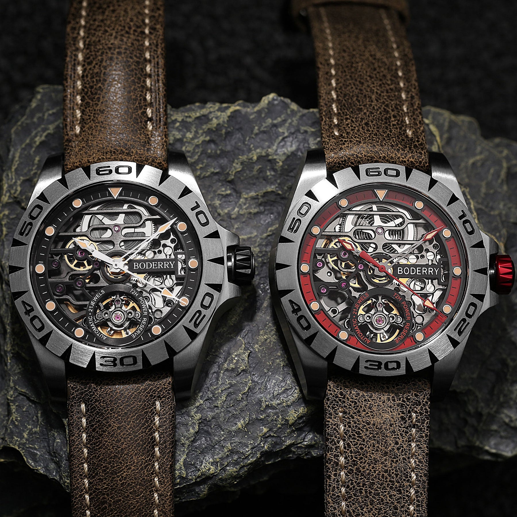 URBAN SKELETON(TITANIUM)- 3-Hand Hi-beat(28,800 bph) with 72 hrs Power-reserve Automatic Titanium Watch | Olivegreen Leather Strap