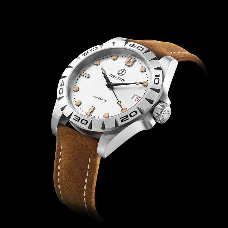 Mens Automatic Titanium Watch | Grey Dial/Leather Strap -Boderry Urban Date Boderry Watches