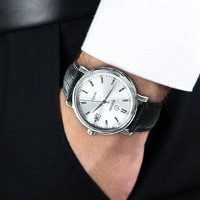 Mens Quartz(Swiss Movement) Watch | 40mm Silver Case with Black Leather Straps-Boderry Classic Boderry Watches