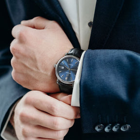 Mens Quartz(Swiss Movement) Watch | 40mm Silver Case with Black Leather Straps-Boderry Classic Boderry Watches