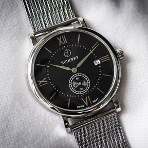 Mens Quartz(Swiss Movement) Watch | Silver/Black Dial-Boderry Elegant Boderry Watches