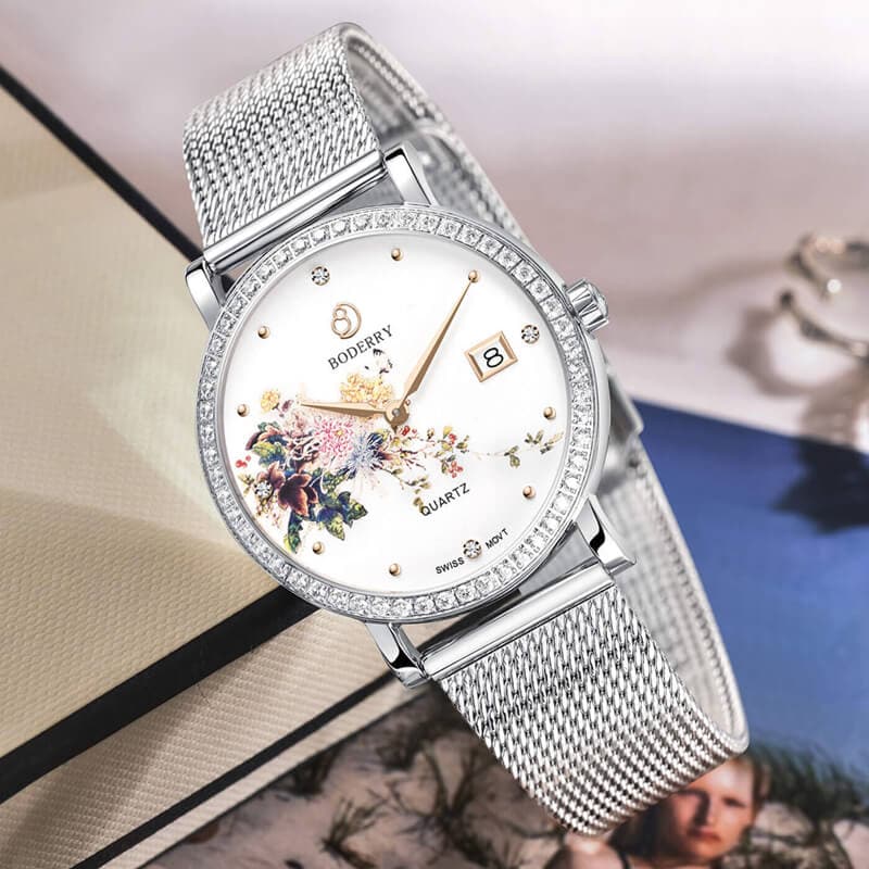 Women Watch | Chrysanth/Silver Mesh Watch-Boderry Flower Boderry Watches