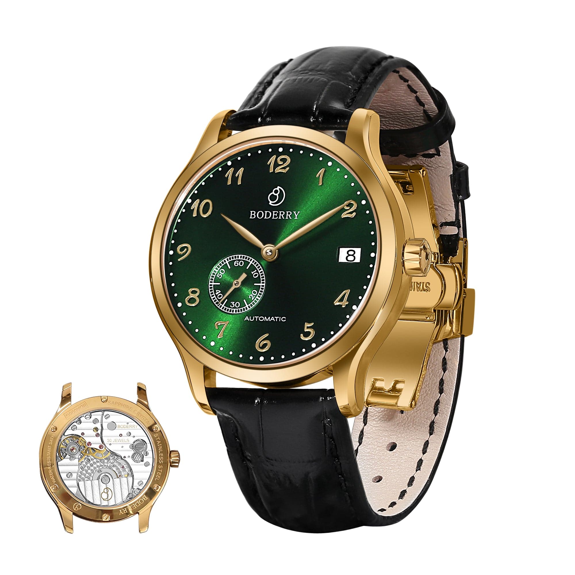 Mens Micro-rotor Automatic Watch | Green & Gold with Leather Straps