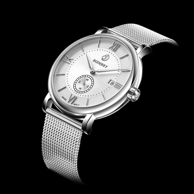 Mens Quartz(Swiss Movement) Watch | Silver/White Dial-Boderry Elegant Boderry Watches