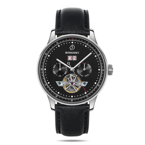 THE CHECKMATE - Complication Automatic Watch with Date,Day,Month Display -Obsidian & Leather Strap