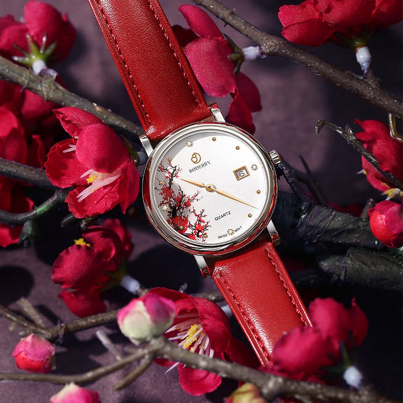 Womens Watch | Plum Blossom/Silver Case Watch-Boderry Flower Boderry Watches