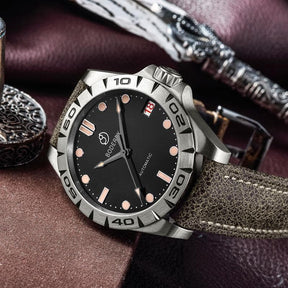 Mens Automatic Titanium Watch | Grey Dial/Leather Strap -Boderry Urban Date Boderry Watches
