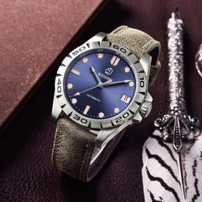 Mens Automatic Titanium Watch | Grey Dial/Leather Strap -Boderry Urban Date Boderry Watches