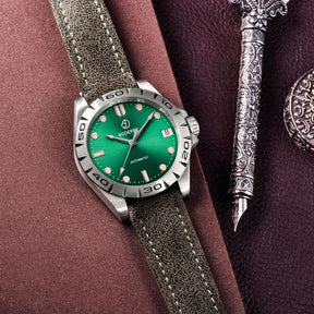 Mens Automatic Titanium Watch | Grey Dial/Leather Strap -Boderry Urban Date Boderry Watches