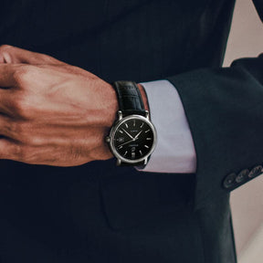 Mens Quartz(Swiss Movement) Watch | 40mm Silver Case with Black Leather Straps-Boderry Classic Boderry Watches