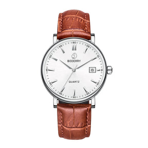 Mens Quartz(Swiss Movement) Watch | 40mm Silver Case with Tan Leather Strap-Boderry  Classic Boderry Watches
