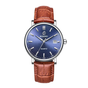 Mens Quartz(Swiss Movement) Watch | 40mm Silver Case with Tan Leather Strap-Boderry  Classic Boderry Watches
