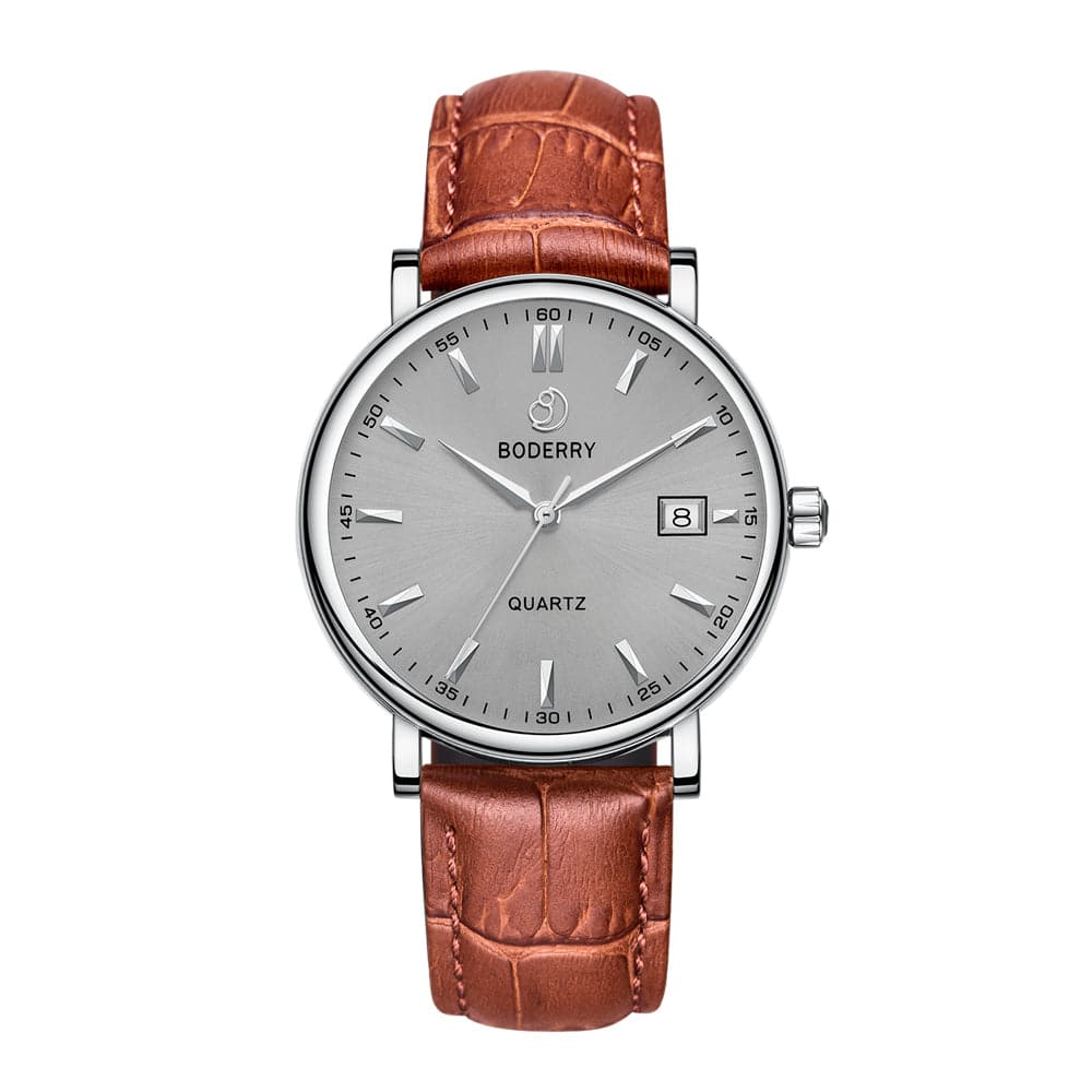 Mens Quartz(Swiss Movement) Watch | 40mm Silver Case with Tan Leather Strap-Boderry  Classic Boderry Watches