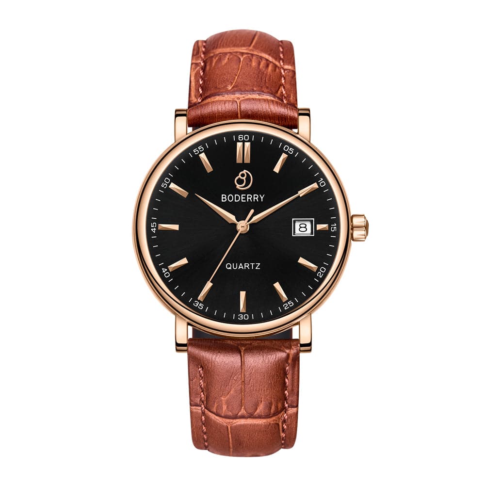 Mens Quartz(Swiss Movement) Watch | 40mm Rose Gold Case with Tan Leather Straps-Boderry Classic Boderry Watches