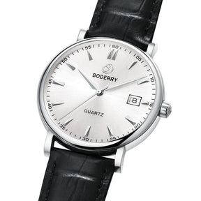 Mens Quartz(Swiss Movement) Watch | 40mm Silver Case with Black Leather Straps-Boderry Classic Boderry Watches