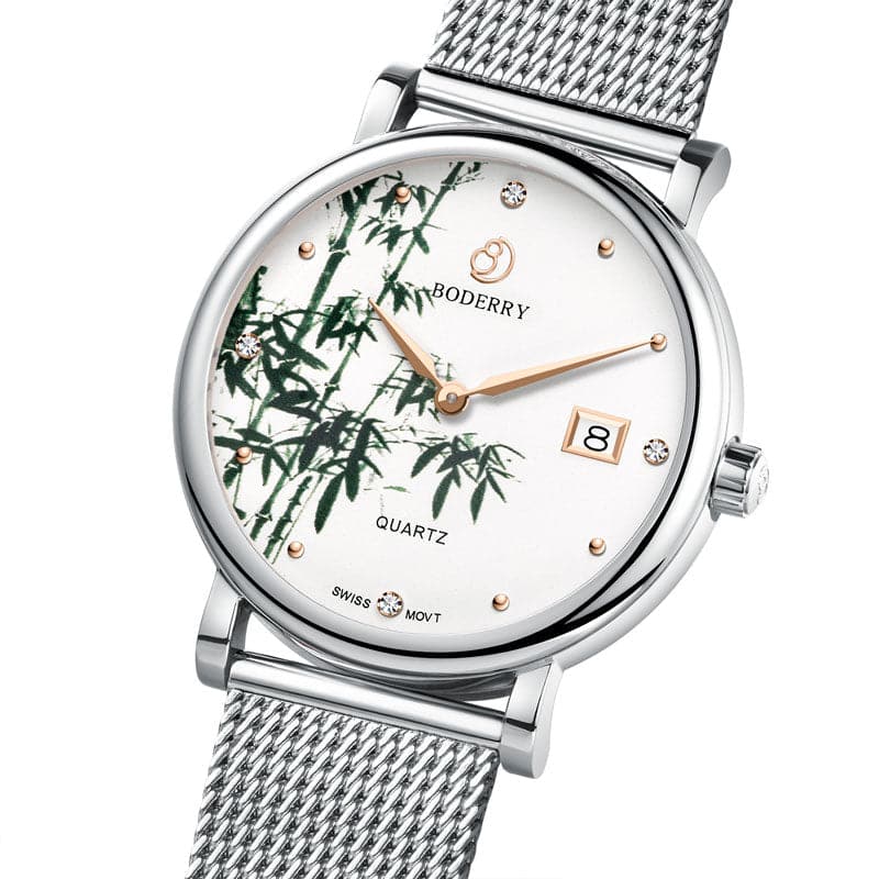 Women Watch | Bamboo Silver Mesh Watch-Boderry Flower Boderry Watches