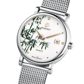 Women Watch | Bamboo Silver Mesh Watch-Boderry Flower Boderry Watches