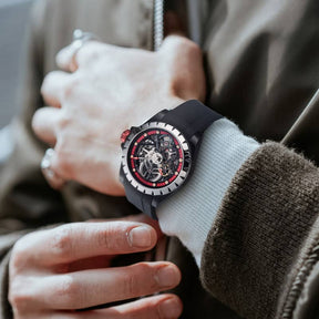 WINDMILL - Original Skeleton Hi-beat(28,800 bph) with 72 hrs Power-reserve Automatic Watch | Red Dial & Rubber Strap