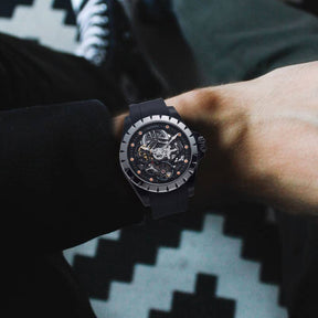 WINDMILL - Original Skeleton Hi-beat(28,800 bph) with 72 hrs Power-reserve Automatic Watch | Black Dial & Black Leather Strap