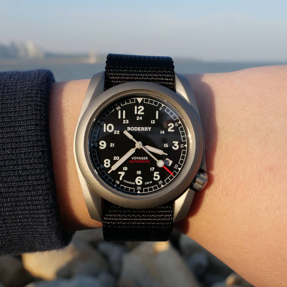 Black Boderry Voyager automatic field watch in official product photography