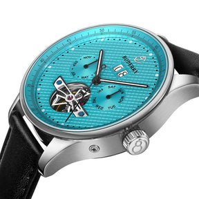 THE CHECKMATE - Complication Automatic Watch with Date,Day,Month Display -Turquoise & Leather Strap
