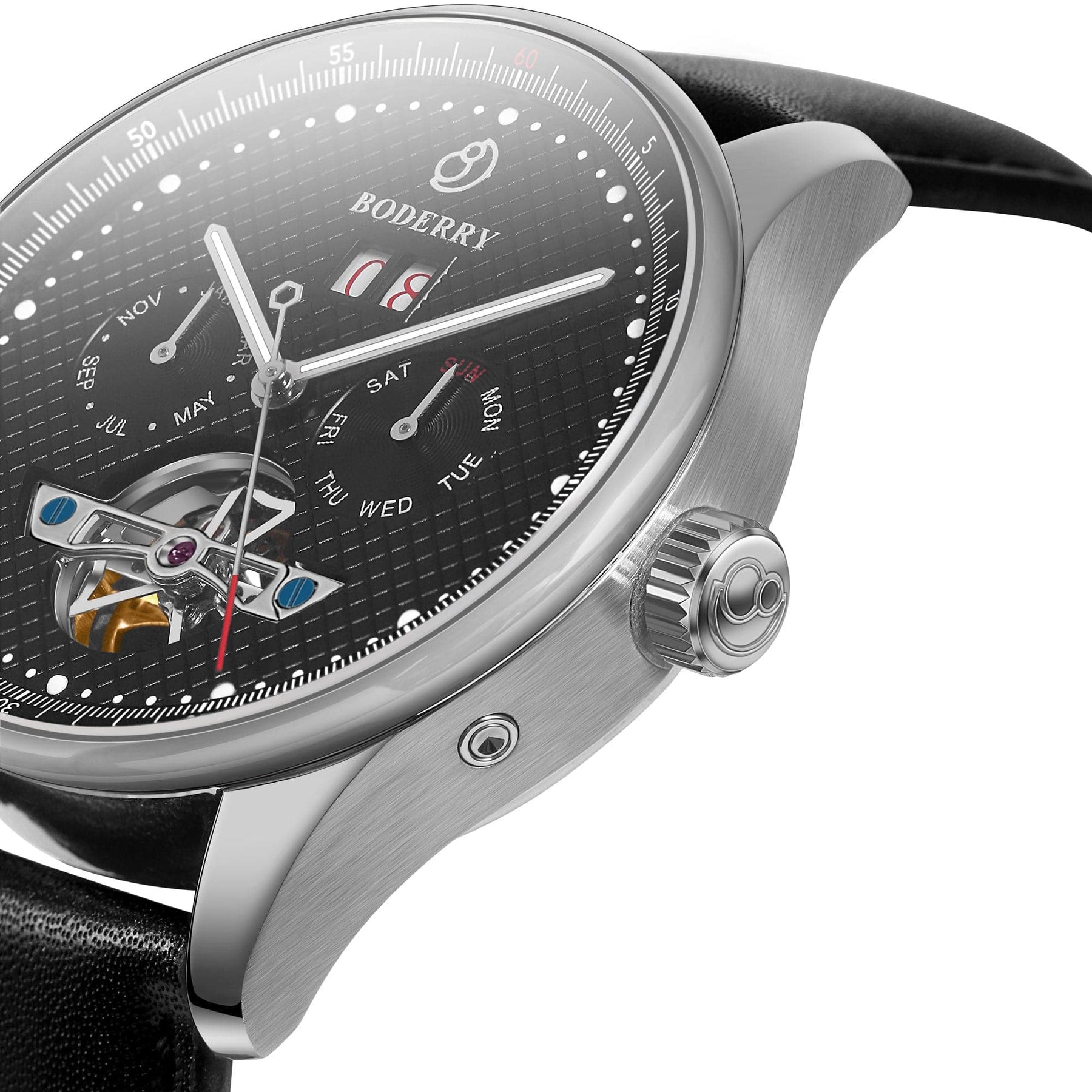 THE CHECKMATE - Complication Automatic Watch with Date,Day,Month Display -Obsidian & Leather Strap