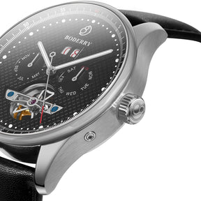 THE CHECKMATE - Complication Automatic Watch with Date,Day,Month Display -Obsidian & Leather Strap