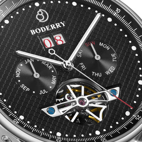 THE CHECKMATE - Complication Automatic Watch with Date,Day,Month Display -Obsidian & Leather Strap